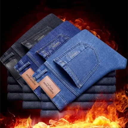 Men's Classic Fleece Warm Jeans Autumn Winter Thicken Velvet Slim Fit Business Fashion Casual Loose Stretch Cotton Denim Pants
